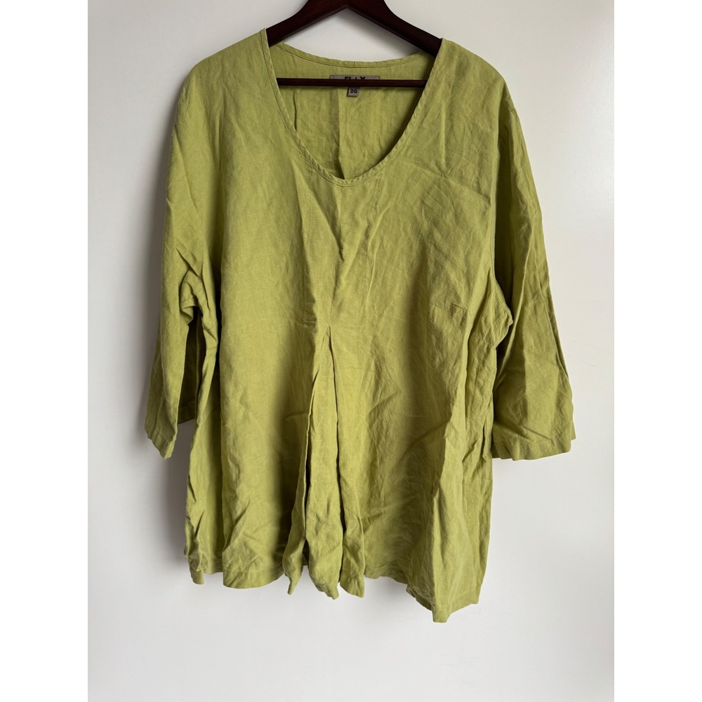 Flax 100% Linen Chartreuse Green V-Neck Tunic Top Lagenlook Boho Size 2G